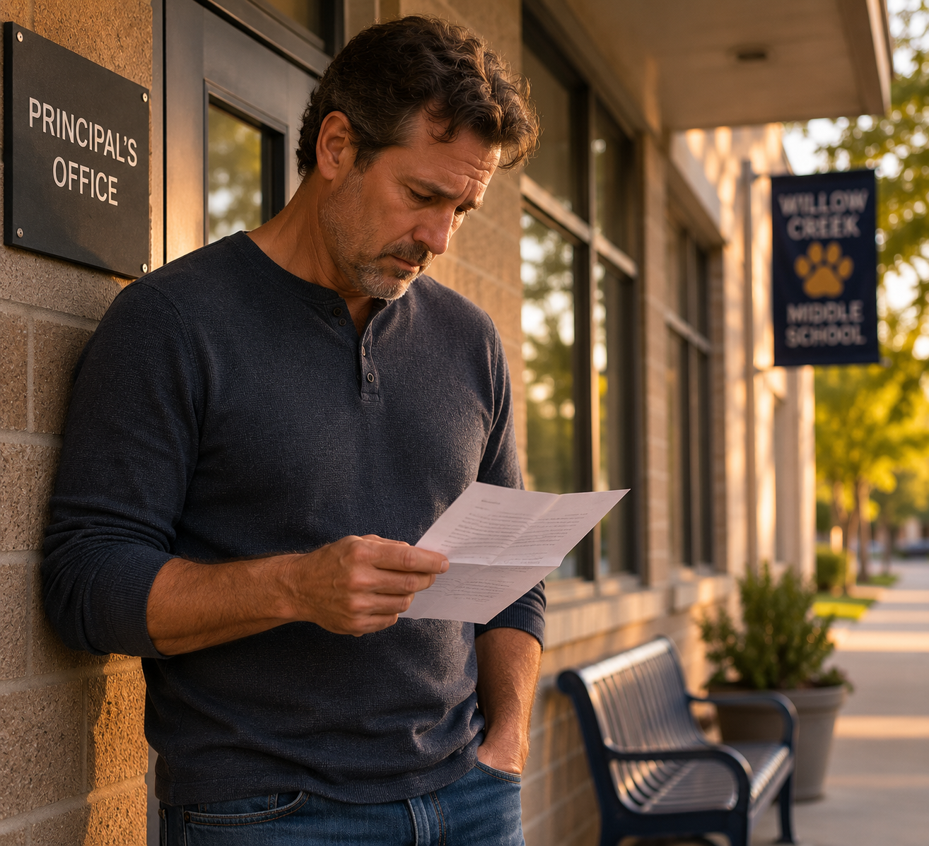 Dad with a sad look, reading a letter outside his child's school principal's office